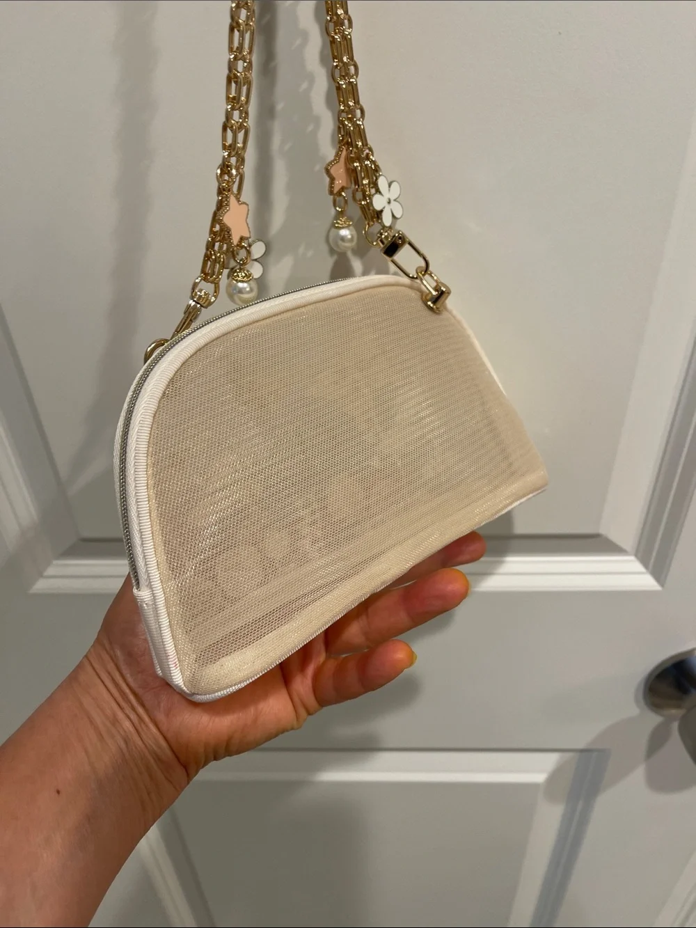 Dior Cream Embroidered Cosmetics Bag with Gold CD Charm and Floral Accents